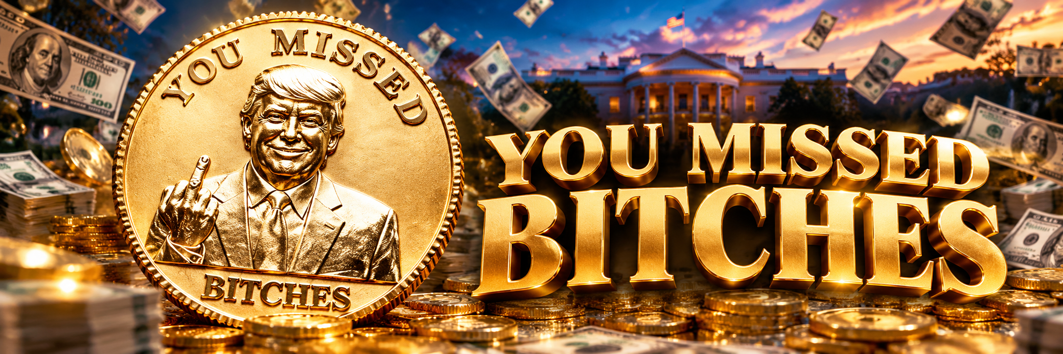 Official YMB banner: a gold Trump parody coin beside giant gold You Missed Bitches lettering, with the White House, gold coins and dollar bills at sunset