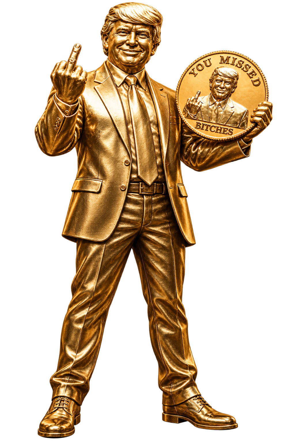 Full-body metallic gold Donald Trump parody figure in a gold suit, raising a middle finger and holding a gold coin that reads You Missed Bitches